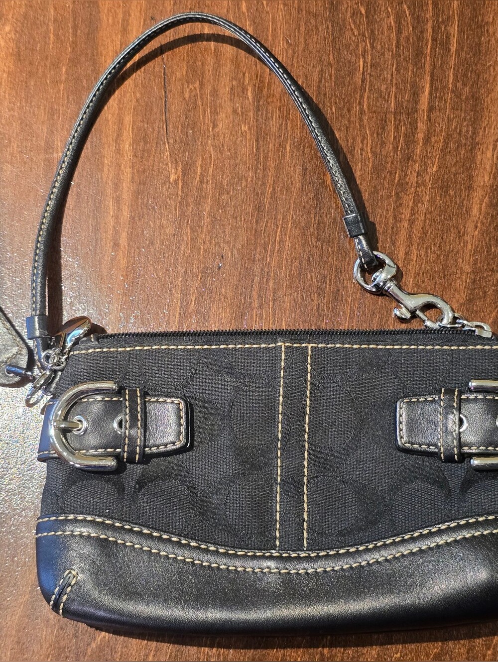 Coach Black Signature Wristlet with Leather Trim